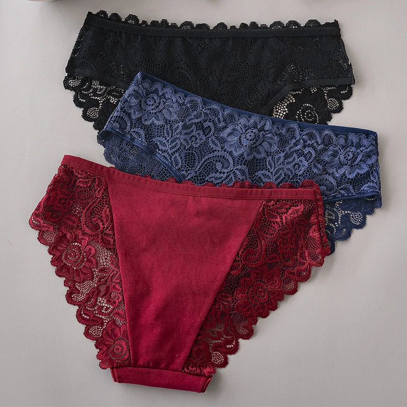 3PCS/Set Luxury Floral Embroidery Lace Panties Women Briefs Sexy Hollow Lingerie Breathable