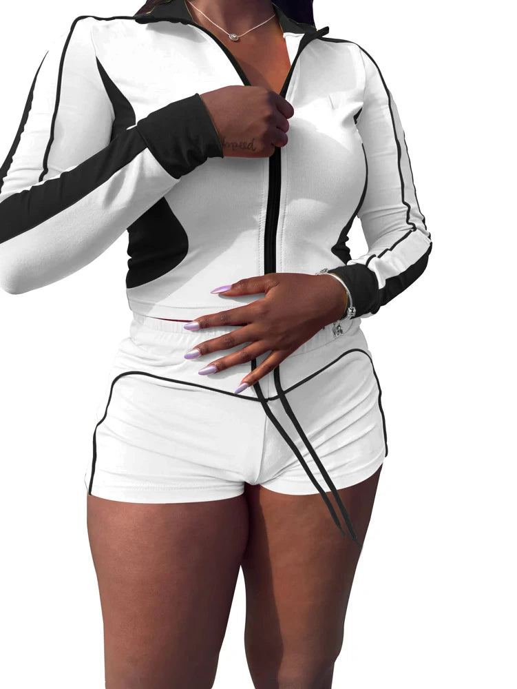Tracksuit Women Patchwork 2 Piece Set Trendy Sporty Outfits Zip Long Sleeve Crop Jacket and Shorts Suits Matching Sets