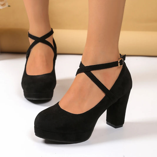 Women's Platform Pumps Shallow Cross Strap Buckle Round Toe Shoes
