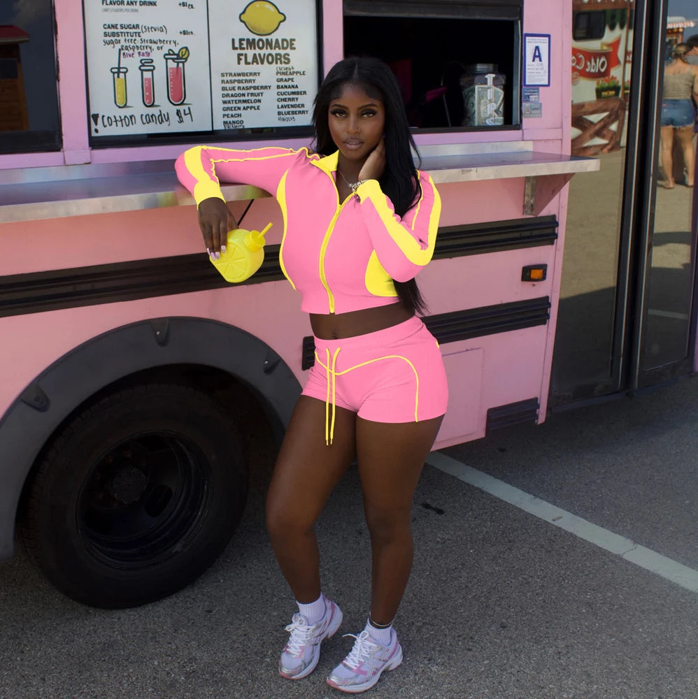 Tracksuit Women Patchwork 2 Piece Set Trendy Sporty Outfits Zip Long Sleeve Crop Jacket and Shorts Suits Matching Sets