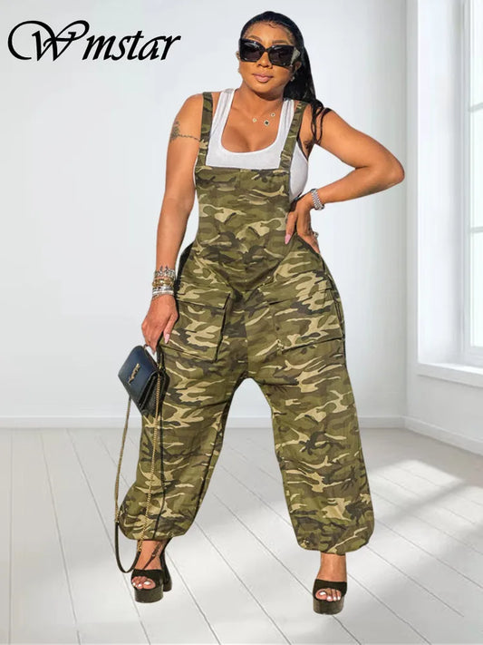 Plus Size Jumpsuit Women S-2XL  Camouflage Cargo Pants Pockets Casual Cool Fashion Street Wear Romper