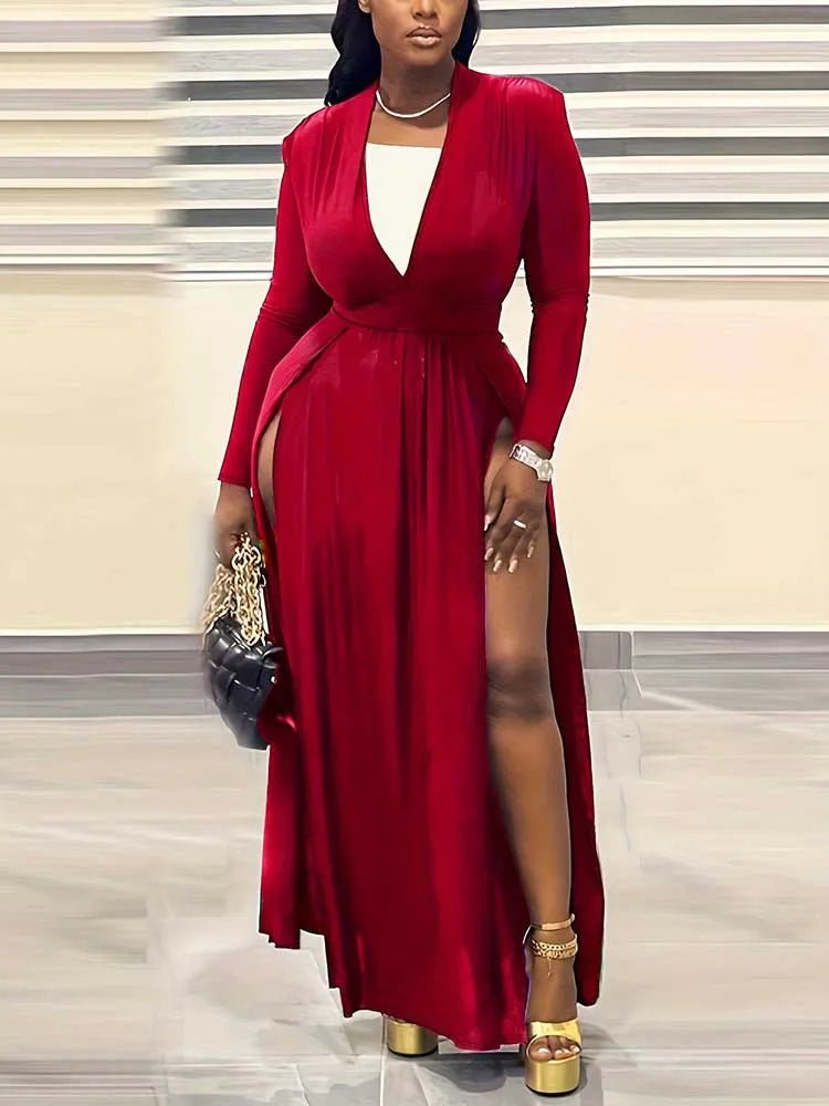 Plus Size Women Clothing 2xl 3xl 4xl 5xl Long Elegant Dress with Sleeves Autumn Ladies Sexy Party Solid Waist Dress Side Slit