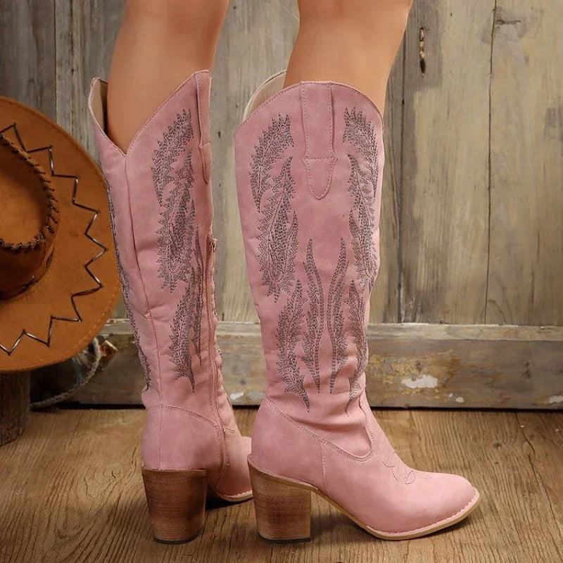 Women Thick Heels Western Boots Chunky Heels Knee High Cowboy Boots Pointed Toe