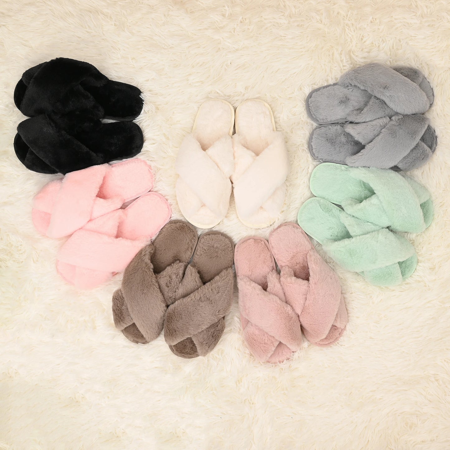 White/Black/Grey/Pink/Peach/Green/ Brown Plush Slippers, Cross Strap Slippers Plush Soft Home