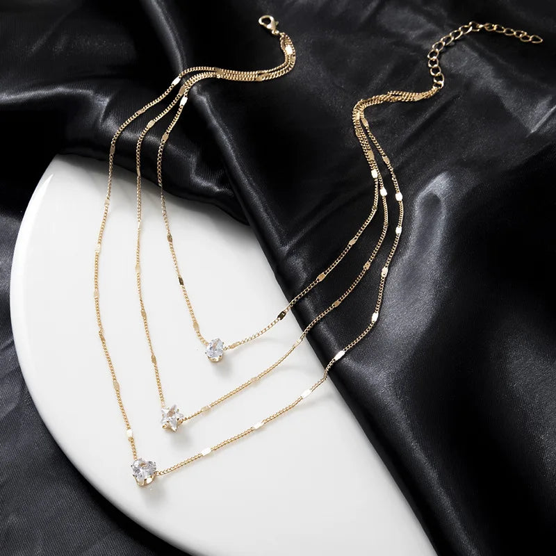 Trendy Zircon Pendant Necklace For Women Multilayer Chain Choker Fashion