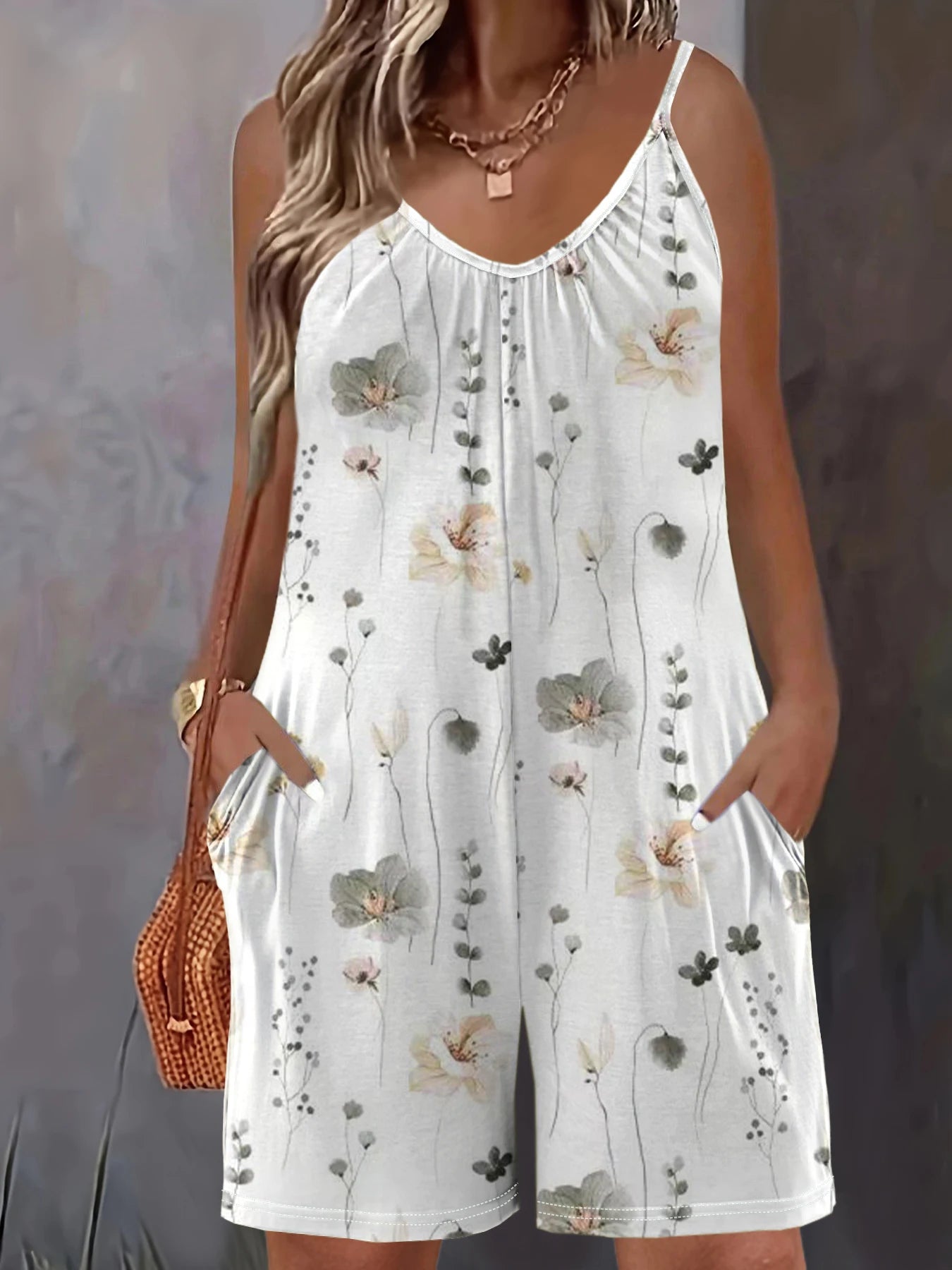 Plus Size Allover Print Cami Romper Jumpsuit, Casual Pocket Ruched Sleeveless Romper Jumpsuit, Women's Plus Size Clothing