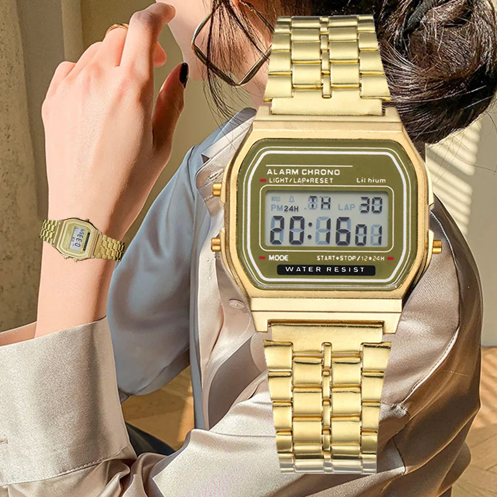 Elegant Digital Watch For Women Gold Silver Stainless Steel Business Ladies Electronic Wrist Watches