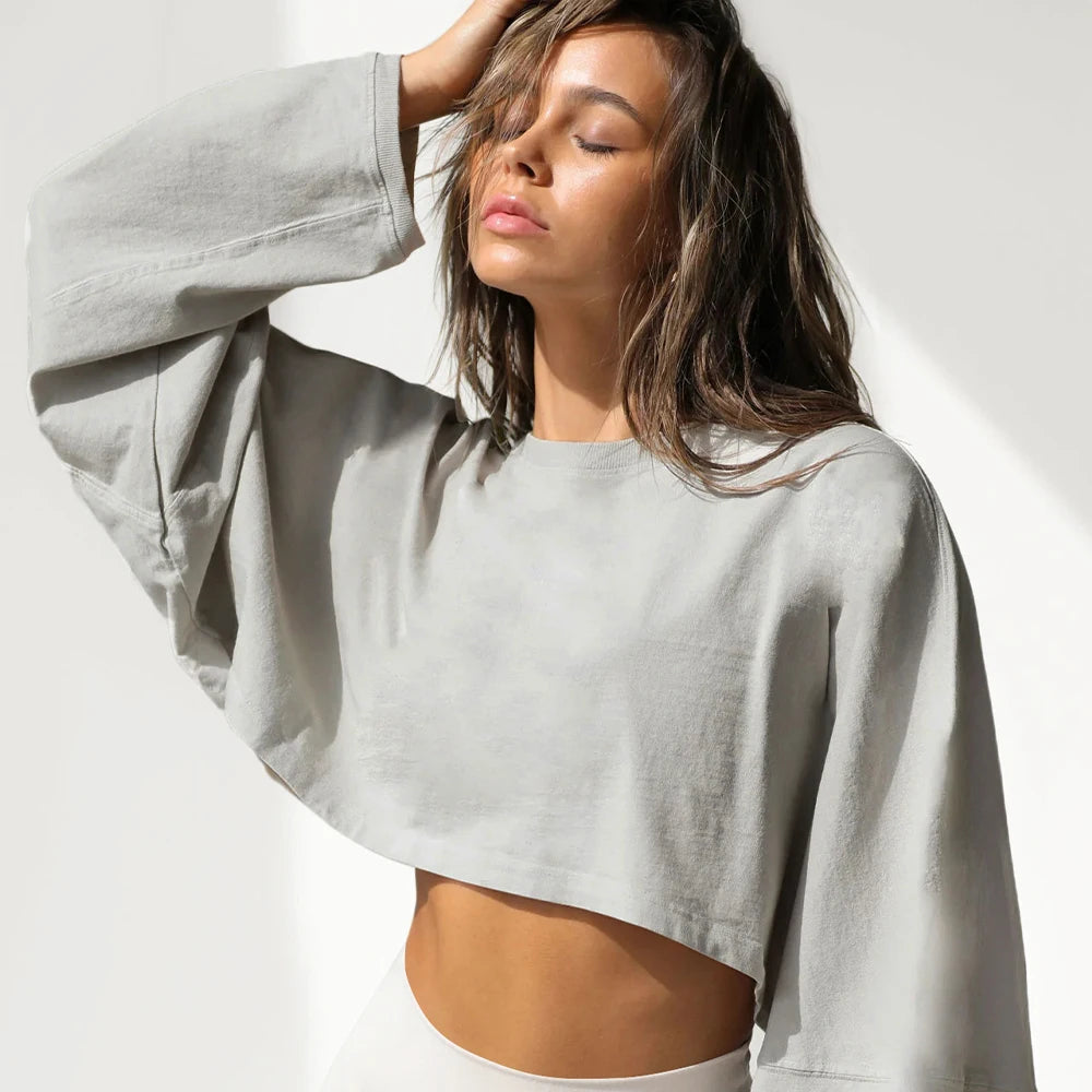 Women's Sports Crop Top T-Shirts Gym Clothing Yoga Loose Tops Long Sleeve Sportswear