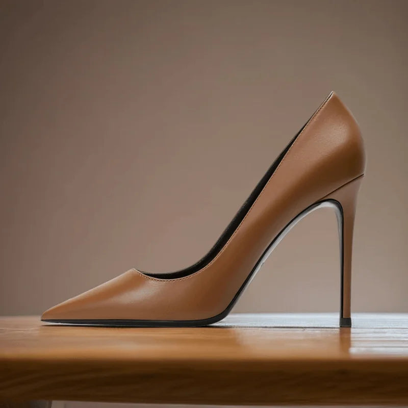 High heels for women thin heels matte brown leather surface professional work shoes shallow mouth pointed toe