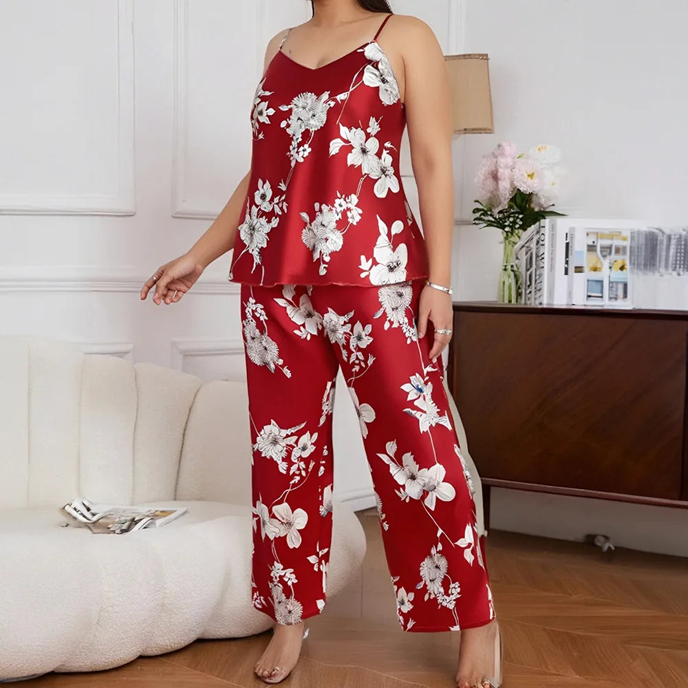Plus Size 5XL New Female Pajamas Set Sleepwear Sexy Print Flower Suspender Trouser Pijamas Suit Lingerie Satin Home Clothes