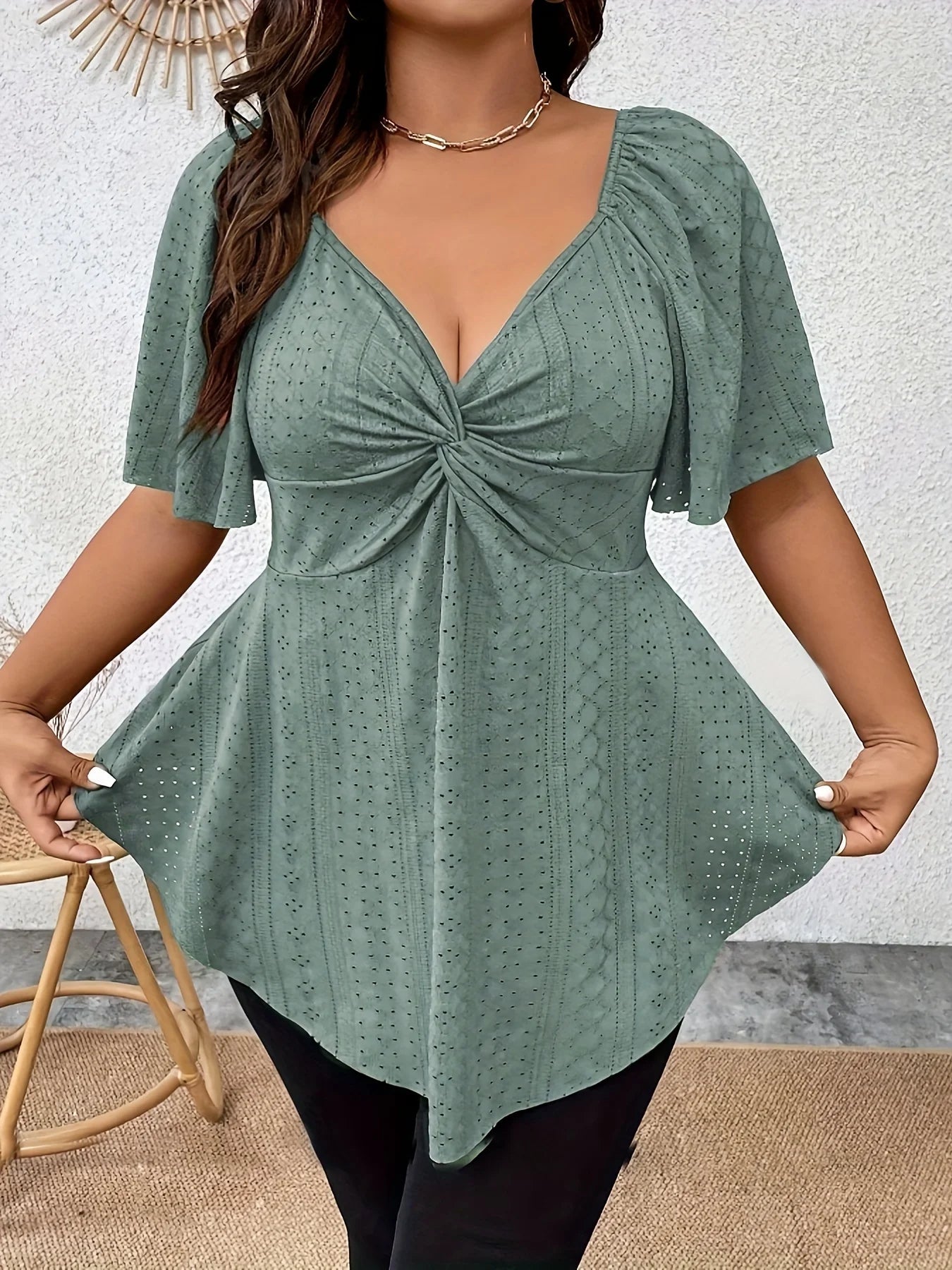 Plus Size Elegant Summer T Shirt for Women Casual Office Lady Solid Curve Clothing Loose V Neck Tops