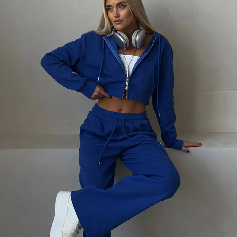 Casual Sport Tracksuit Women Hooded Two Pieces Set Sweatshirts Zipper Solid High Waist Pockets Pants Suit Outwear