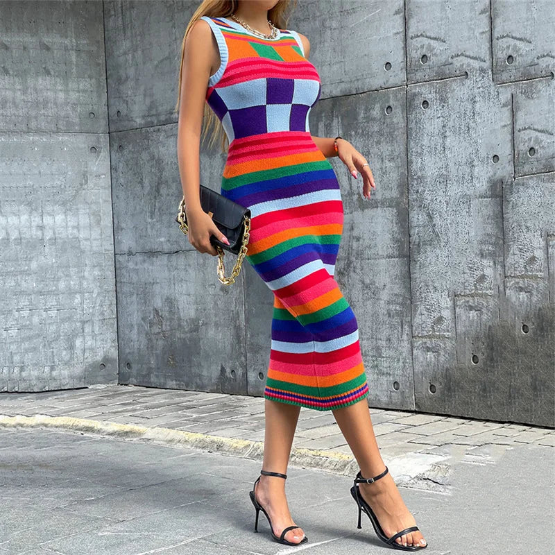 Women's clothing new fashionable contrasting color long slim fit wrapped buttocks knitted dress