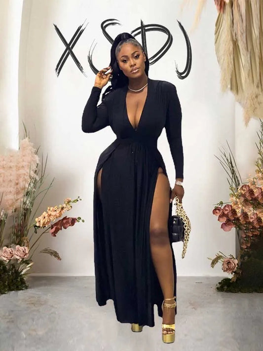 Plus Size Women Clothing 2xl 3xl 4xl 5xl Long Elegant Dress with Sleeves Autumn Ladies Sexy Party Solid Waist Dress Side Slit