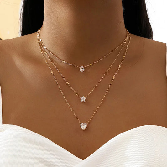 Trendy Zircon Pendant Necklace For Women Multilayer Chain Choker Fashion
