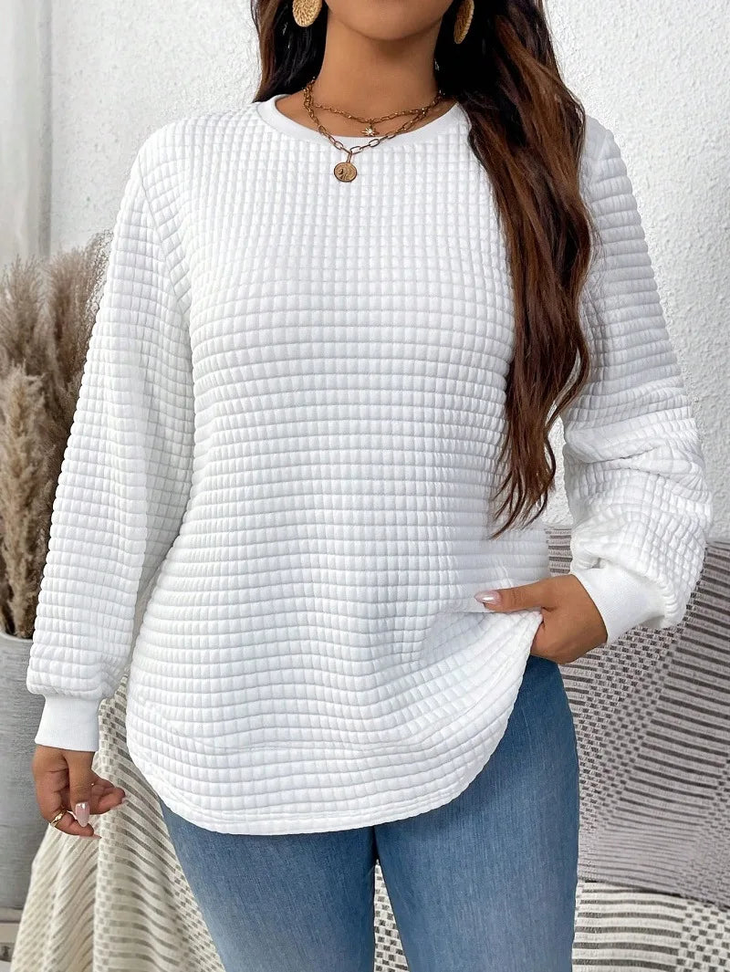 Plus-Size Women's Spring And Winter Fashion Casual Solid Color Checkered Pullover Sweatshirt