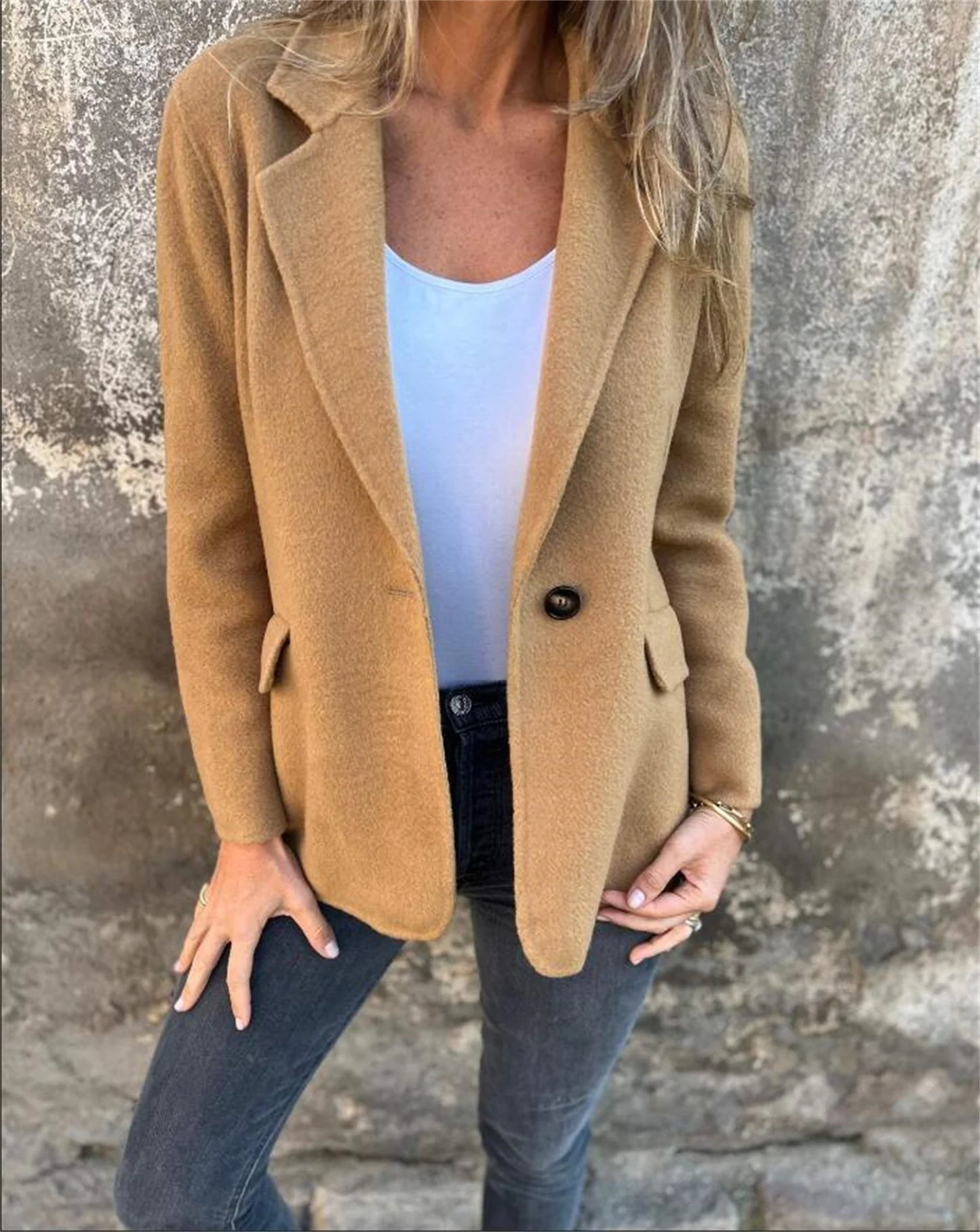 Plus-size women's clothing autumn and winter fashion new pure color single button woolen jacket plus-size clothing