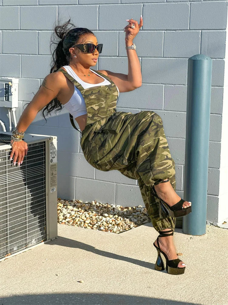 Plus Size Jumpsuit Women S-2XL  Camouflage Cargo Pants Pockets Casual Cool Fashion Street Wear Romper