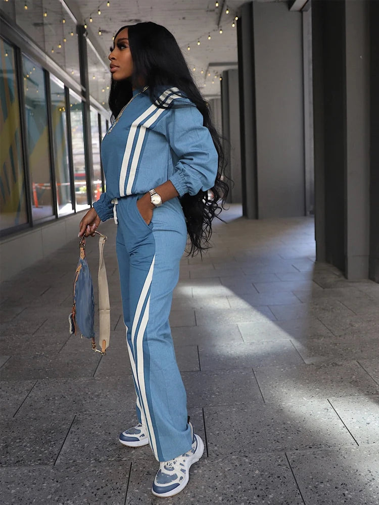 Sweatsuits for Woman Sports Fashion Color Block Stripe Full Sleeve Sweatshirt and Drawstring Long Pants 2 Piece Sets