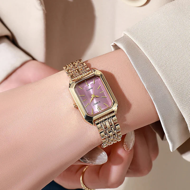 Women Business Luxury Ladies Fashion Quartz Watch Simple Scale Square Quality Gold Plated Stainless Steel Folding Clock