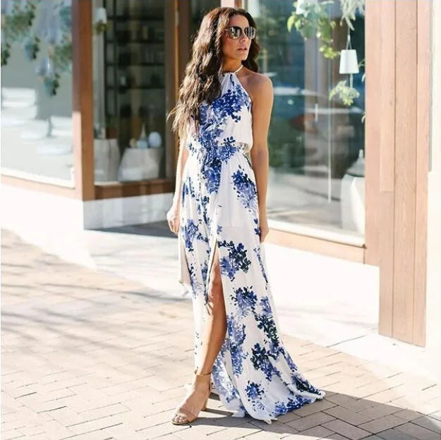 Women's Clothing Fashion New Street Printed Round Neck Waist Long Dress