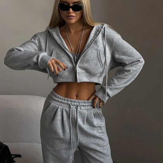 Casual Sport Tracksuit Women Hooded Two Pieces Set Sweatshirts Zipper Solid High Waist Pockets Pants Suit Outwear
