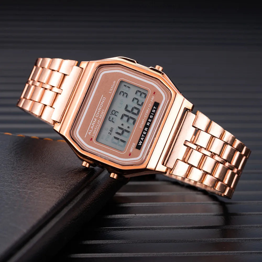 Elegant Digital Watch For Women Gold Silver Stainless Steel Business Ladies Electronic Wrist Watches