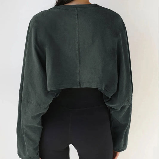 Women's Sports Crop Top T-Shirts Gym Clothing Yoga Loose Tops Long Sleeve Sportswear