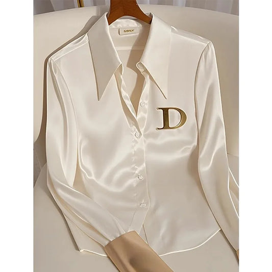 Women's Clothing Women Shirt Early autumn western-style high-end top niche unique cool white acetate satin shirt Blouses Shirts