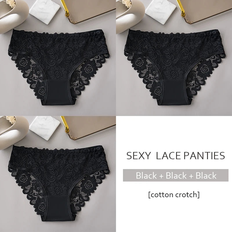 3PCS/Set Luxury Floral Embroidery Lace Panties Women Briefs Sexy Hollow Lingerie Breathable