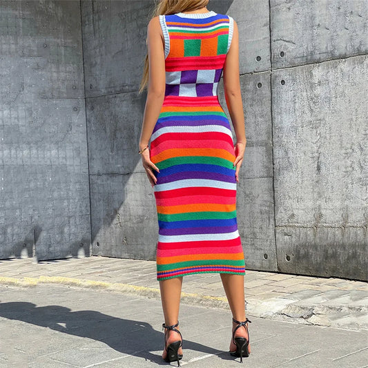 Women's clothing new fashionable contrasting color long slim fit wrapped buttocks knitted dress